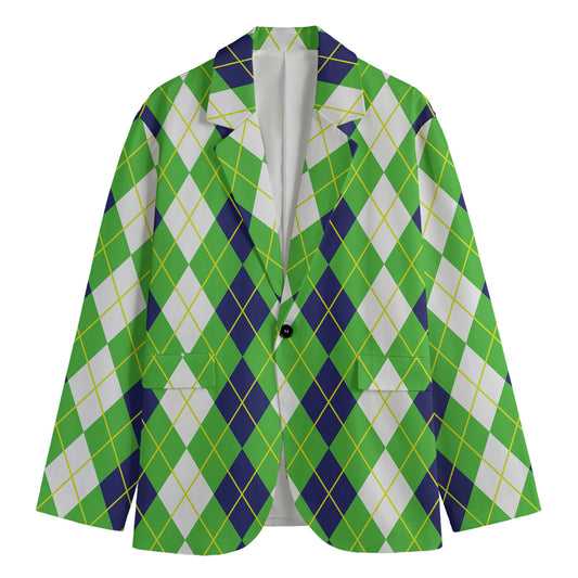 White Green And Navy Argyle Print Men's Blazer