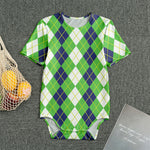 White Green And Navy Argyle Print Men's Bodysuit