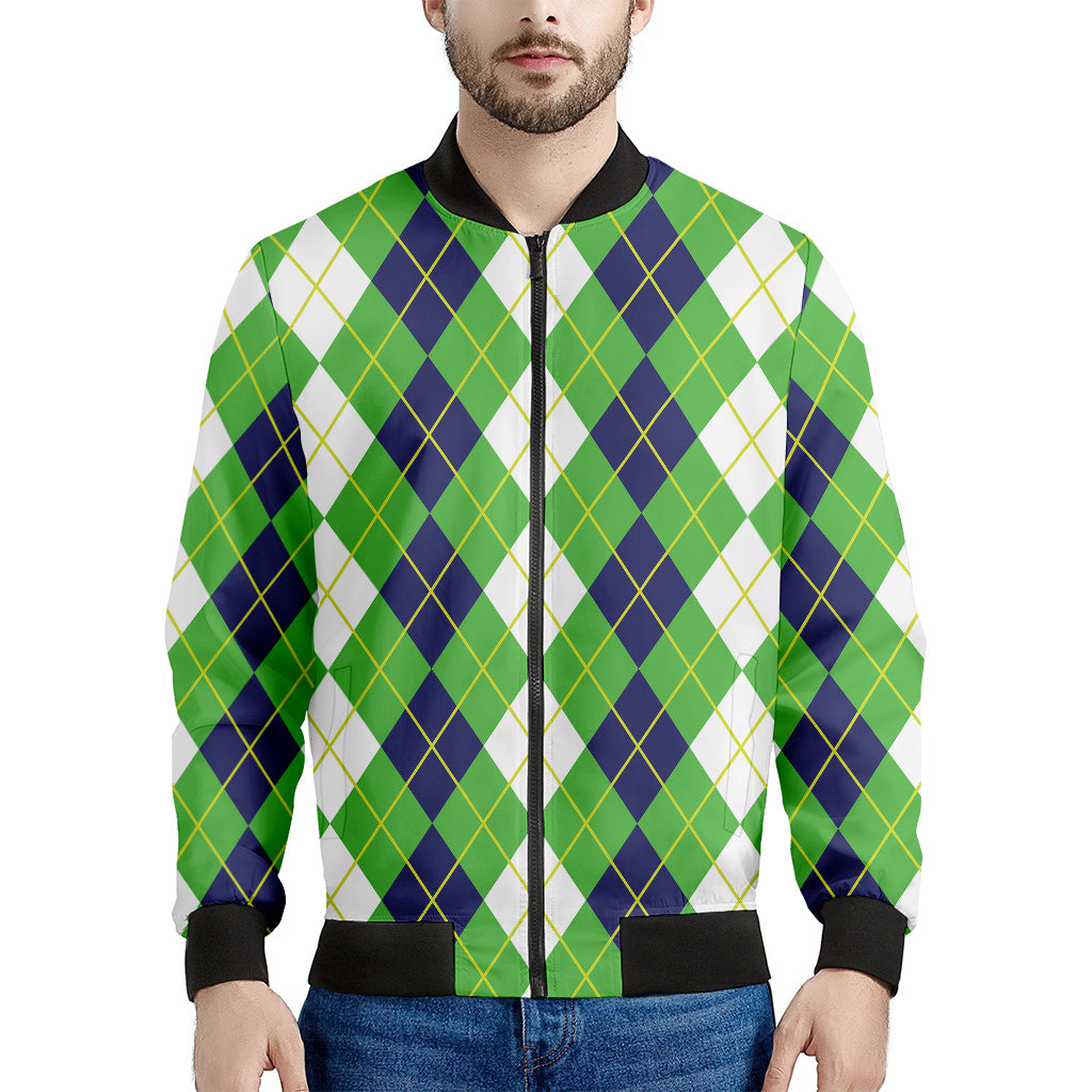 White Green And Navy Argyle Print Men's Bomber Jacket
