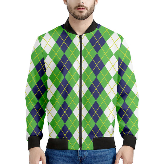 White Green And Navy Argyle Print Men's Bomber Jacket