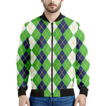 White Green And Navy Argyle Print Men's Bomber Jacket