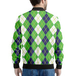 White Green And Navy Argyle Print Men's Bomber Jacket