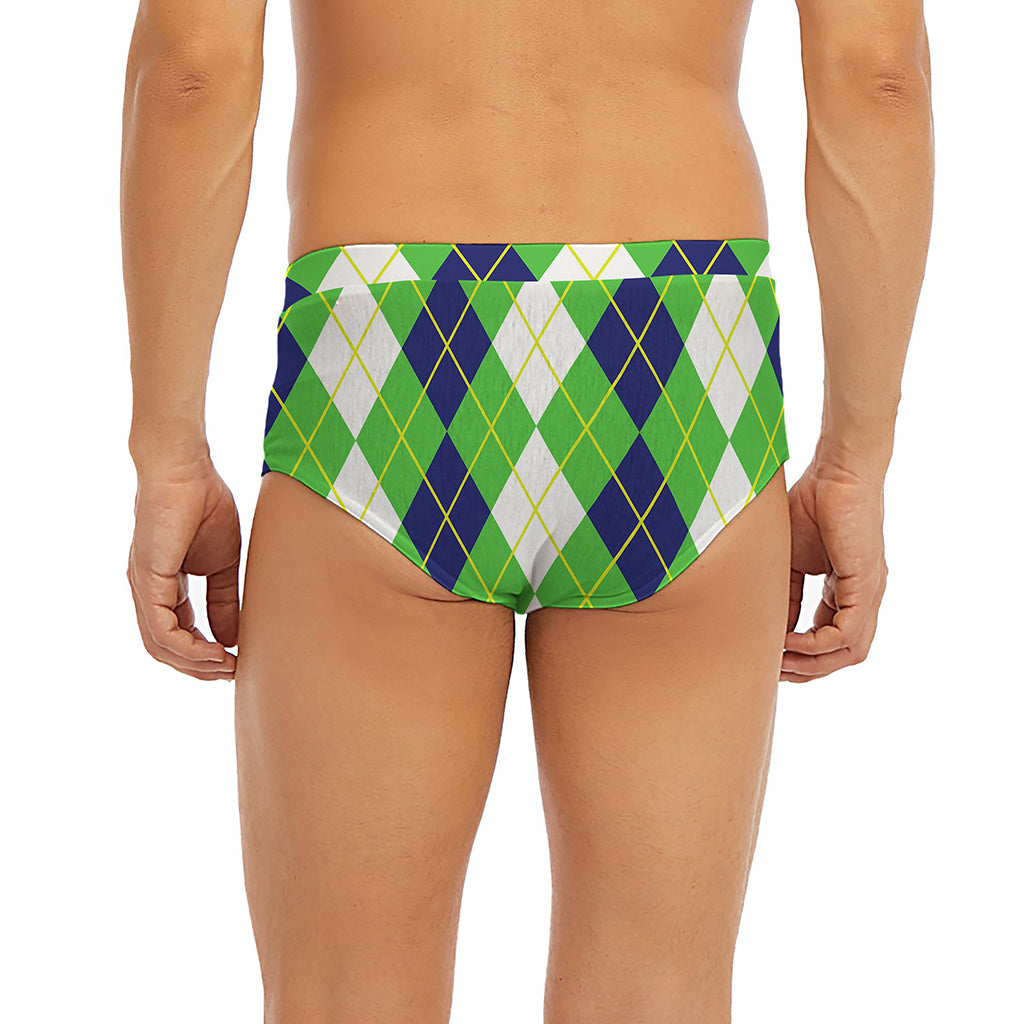 White Green And Navy Argyle Print Men's Briefs