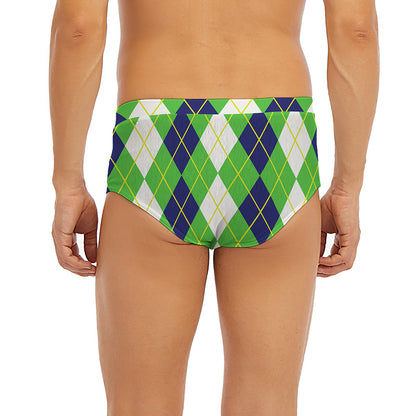 White Green And Navy Argyle Print Men's Briefs