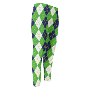 White Green And Navy Argyle Print Men's Compression Pants