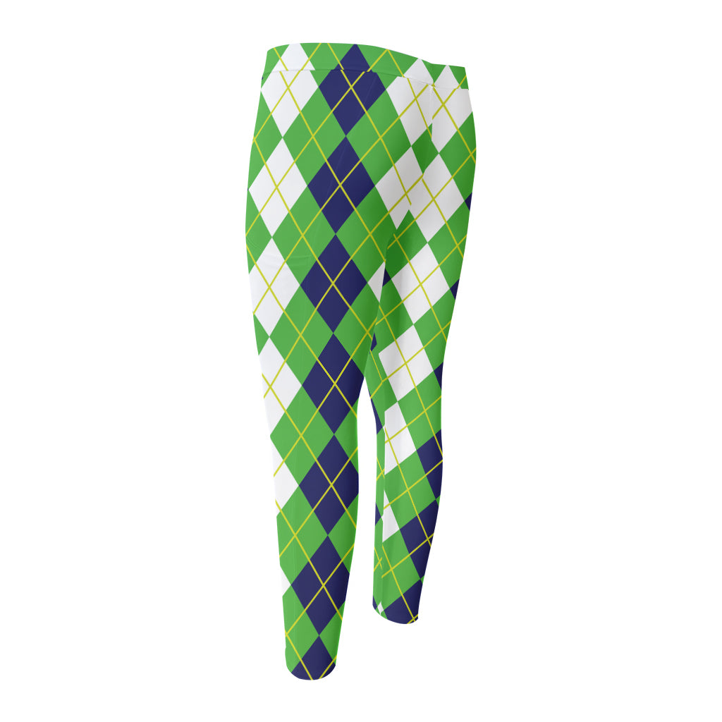 White Green And Navy Argyle Print Men's Compression Pants