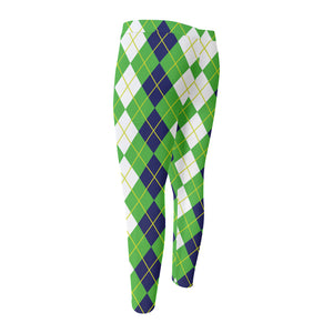 White Green And Navy Argyle Print Men's Compression Pants