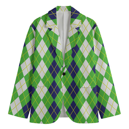 White Green And Navy Argyle Print Men's Cotton Blazer