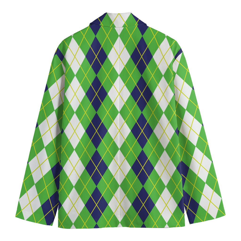 White Green And Navy Argyle Print Men's Cotton Blazer