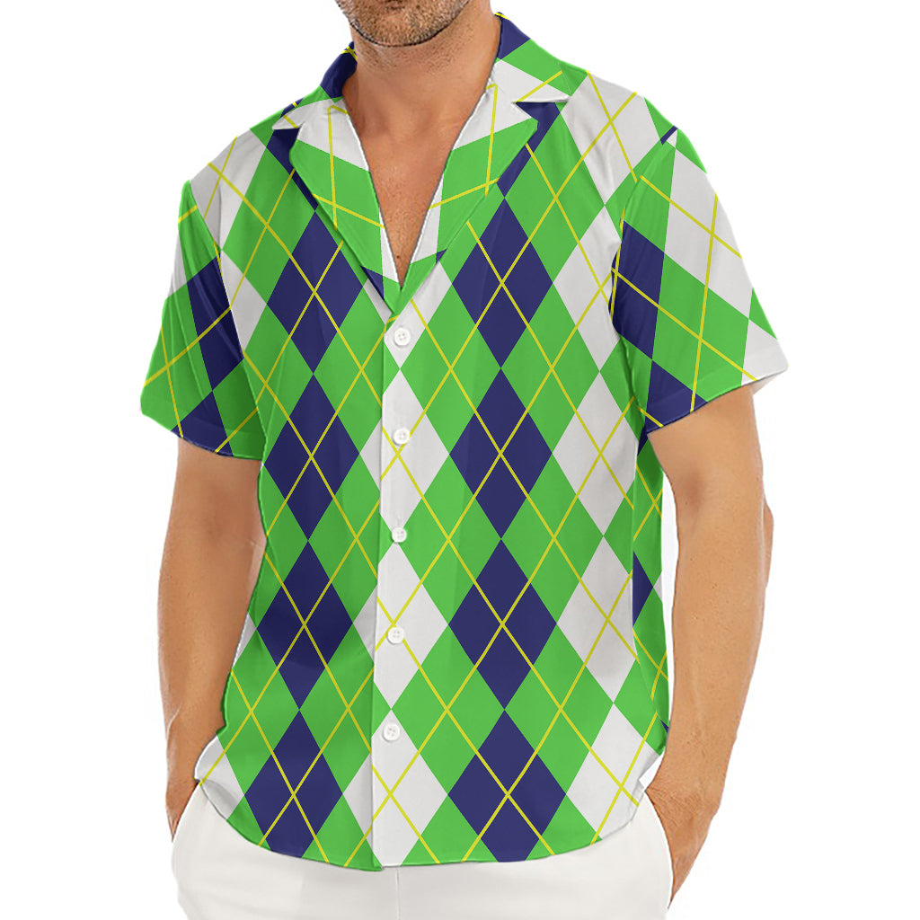 White Green And Navy Argyle Print Men's Deep V-Neck Shirt