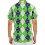 White Green And Navy Argyle Print Men's Deep V-Neck Shirt