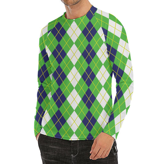 White Green And Navy Argyle Print Men's Long Sleeve Rash Guard