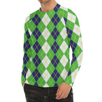 White Green And Navy Argyle Print Men's Long Sleeve Rash Guard