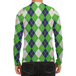 White Green And Navy Argyle Print Men's Long Sleeve Rash Guard
