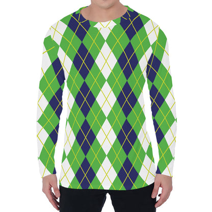 White Green And Navy Argyle Print Men's Long Sleeve T-Shirt