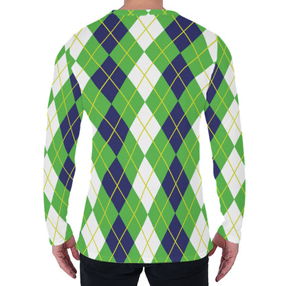 White Green And Navy Argyle Print Men's Long Sleeve T-Shirt