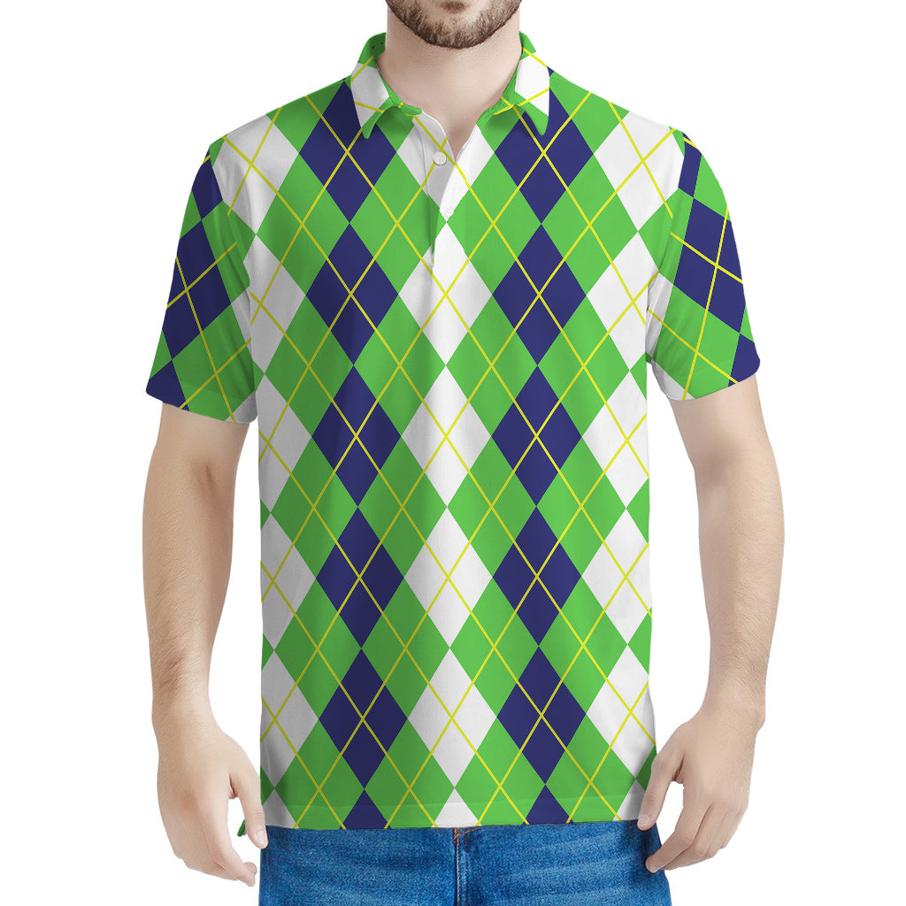 White Green And Navy Argyle Print Men's Polo Shirt