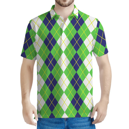 White Green And Navy Argyle Print Men's Polo Shirt