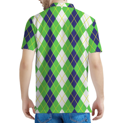 White Green And Navy Argyle Print Men's Polo Shirt