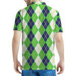White Green And Navy Argyle Print Men's Polo Shirt