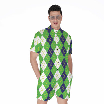 White Green And Navy Argyle Print Men's Rompers