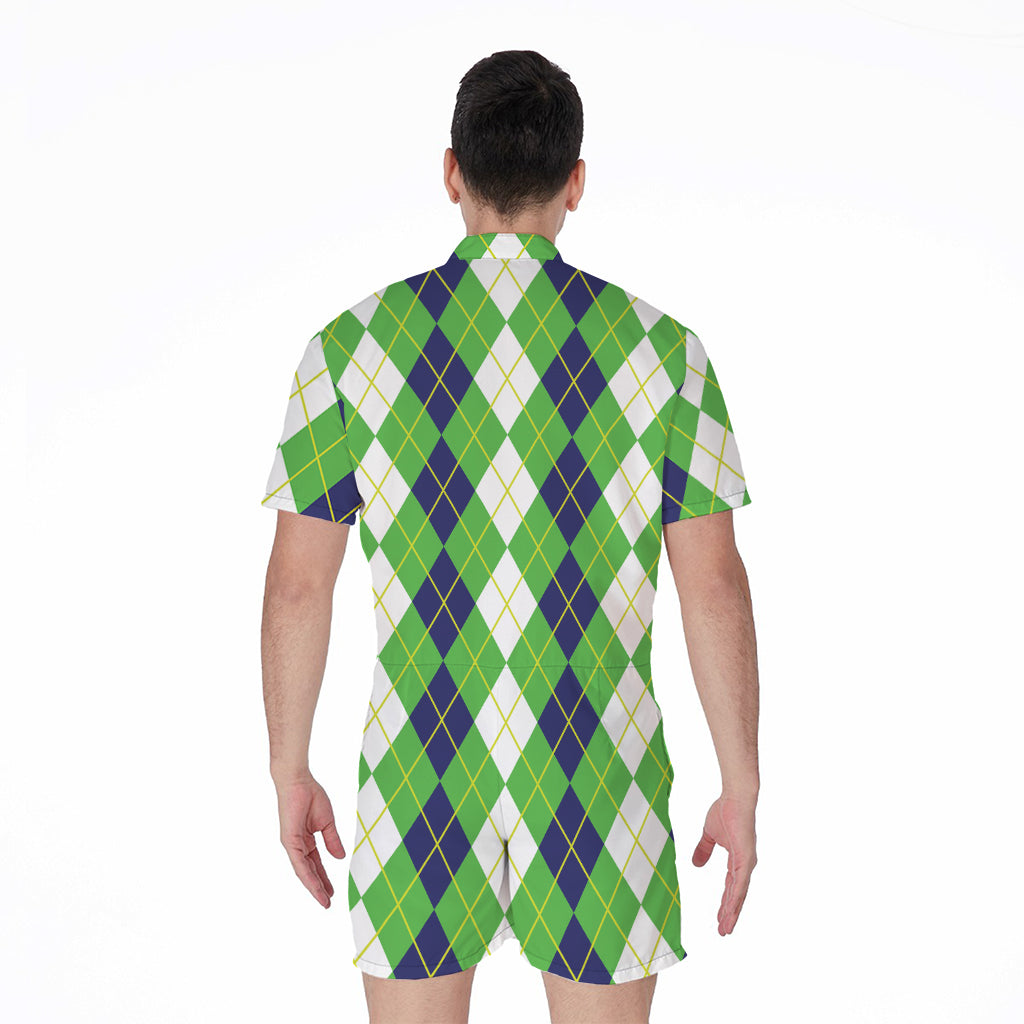 White Green And Navy Argyle Print Men's Rompers