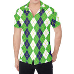 White Green And Navy Argyle Print Men's Shirt