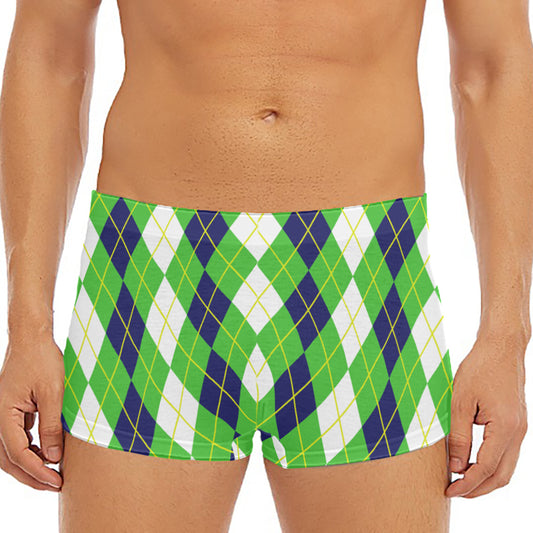 White Green And Navy Argyle Print Men's Short Boxer Briefs