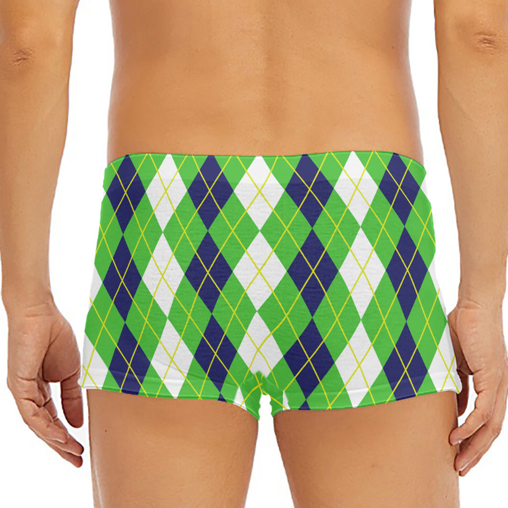 White Green And Navy Argyle Print Men's Short Boxer Briefs