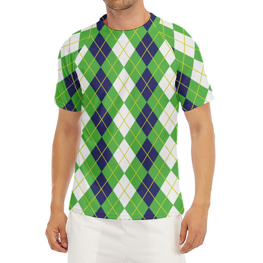 White Green And Navy Argyle Print Men's Short Sleeve Rash Guard