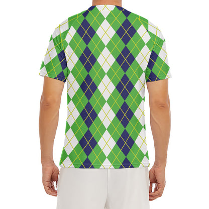 White Green And Navy Argyle Print Men's Short Sleeve Rash Guard