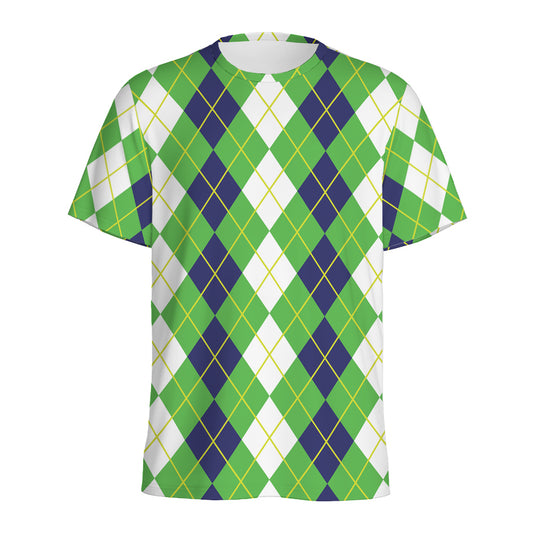 White Green And Navy Argyle Print Men's Sports T-Shirt