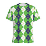 White Green And Navy Argyle Print Men's Sports T-Shirt