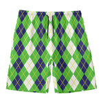 White Green And Navy Argyle Print Men's Swim Trunks