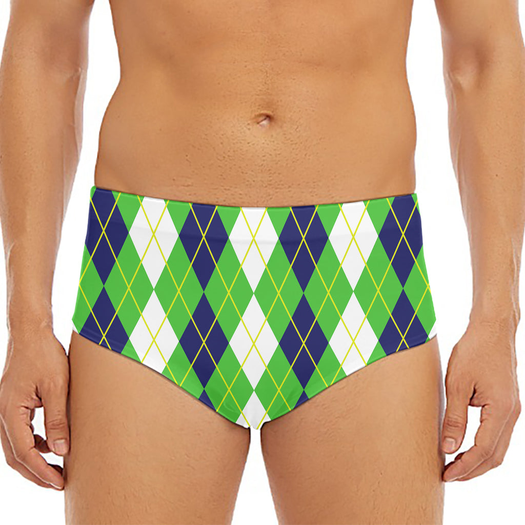 White Green And Navy Argyle Print Men's Triangle Swim Briefs