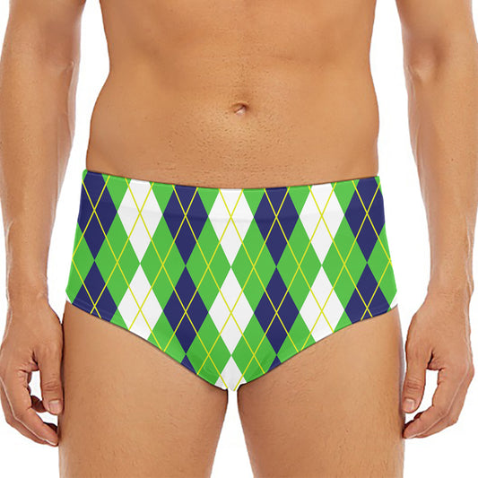 White Green And Navy Argyle Print Men's Triangle Swim Briefs