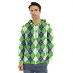 White Green And Navy Argyle Print Men's Velvet Pullover Hoodie