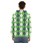 White Green And Navy Argyle Print Men's Velvet Pullover Hoodie