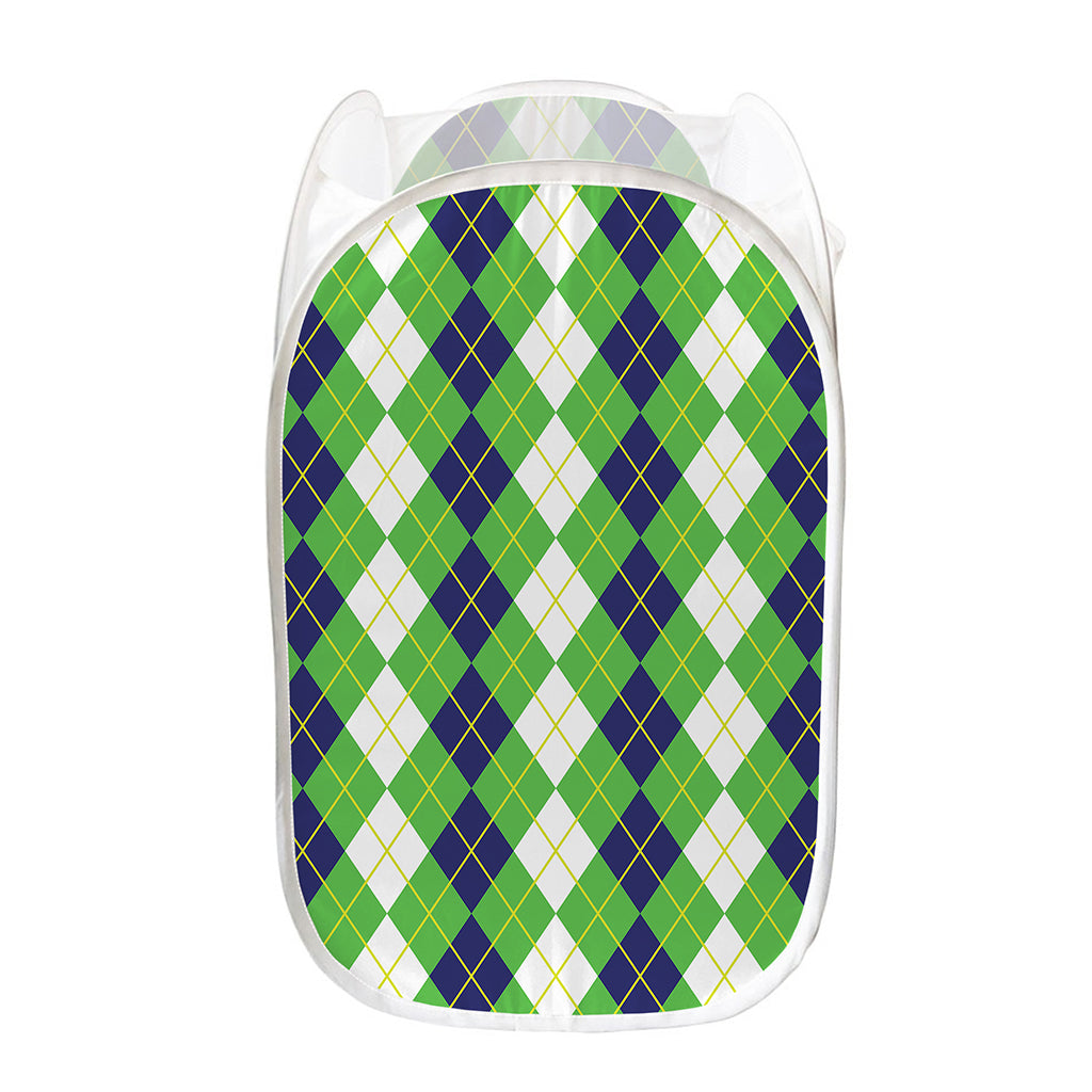 White Green And Navy Argyle Print Mesh Laundry Hamper