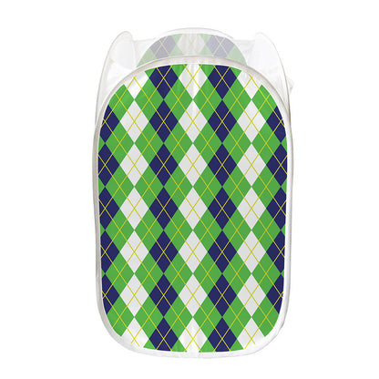 White Green And Navy Argyle Print Mesh Laundry Hamper