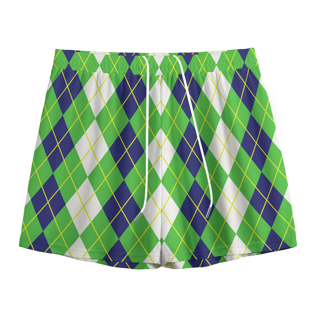 White Green And Navy Argyle Print Mesh Shorts