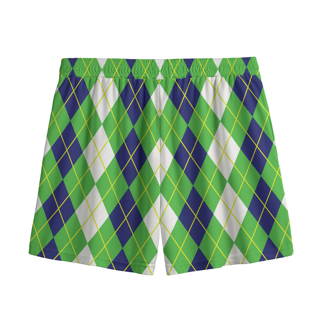 White Green And Navy Argyle Print Mesh Shorts