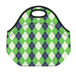 White Green And Navy Argyle Print Neoprene Lunch Bag