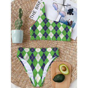 White Green And Navy Argyle Print One Shoulder Bikini Top