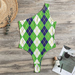 White Green And Navy Argyle Print One Shoulder Bodysuit