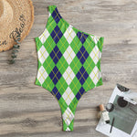 White Green And Navy Argyle Print One Shoulder Bodysuit
