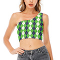 White Green And Navy Argyle Print One Shoulder Crop Top