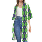 White Green And Navy Argyle Print Open Front Beach Cover Up