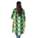 White Green And Navy Argyle Print Open Front Beach Cover Up