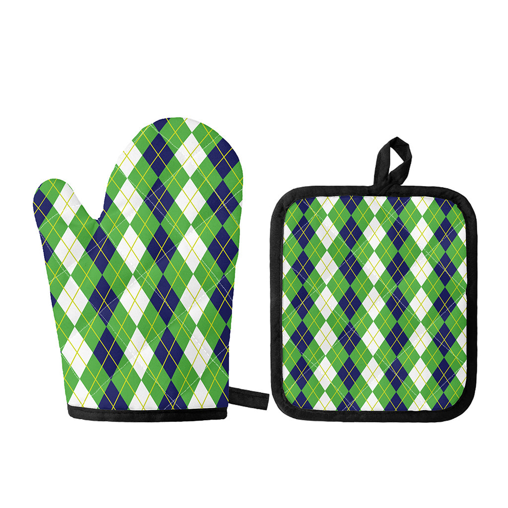 White Green And Navy Argyle Print Oven Mitt And Pot Holder Set
